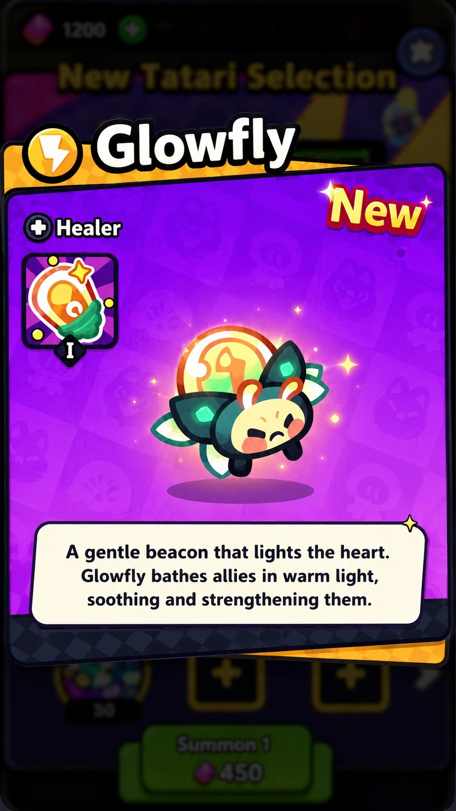 Новый Tatari Glowfly в Clash of Critters и его внешний вид в меню обновления