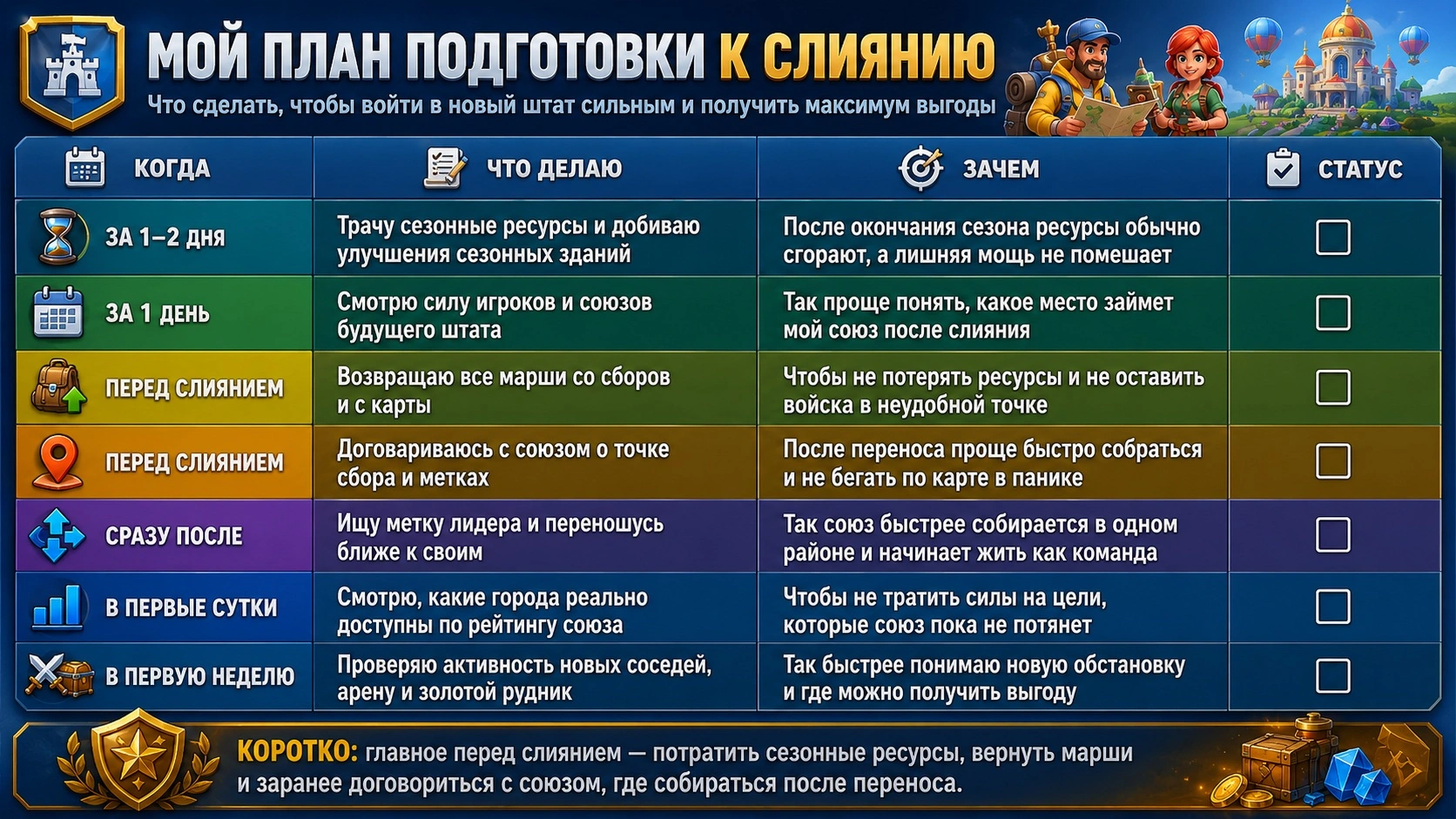 План подготовки к слиянию штатов в Tiles Survive: ресурсы, сборы, метки, города и первая неделя после merge