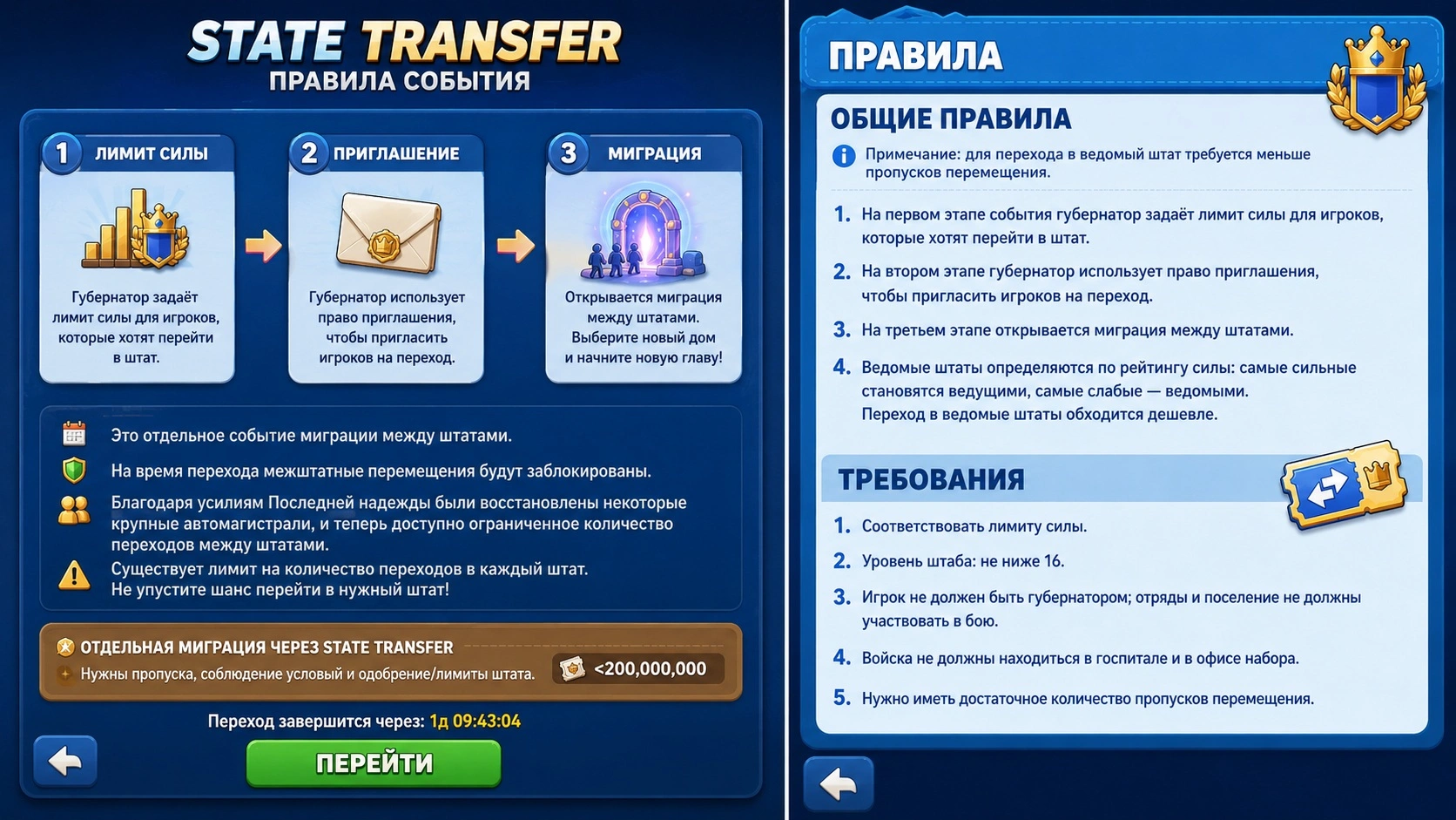 Условия для миграции в другой штат: штаб 16+, нет войск в госпитале и вне базы