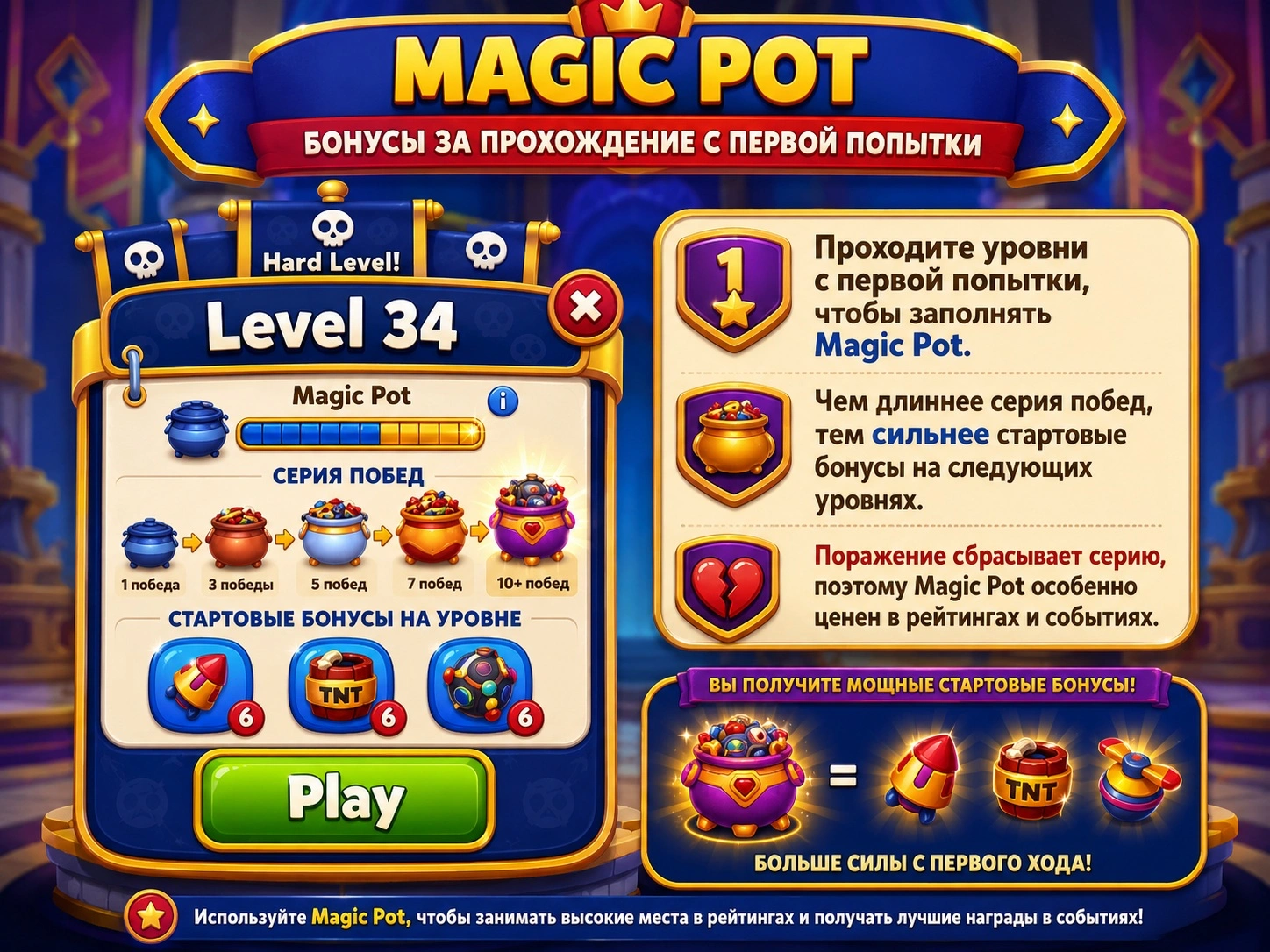 Magic Pot в Royal Kingdom с бонусами за прохождение уровней с первой попытки