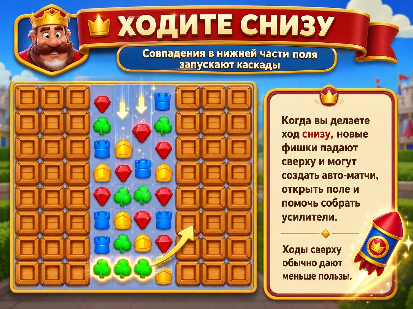 Игровое поле Royal Kingdom и стратегия ходов снизу для каскадов