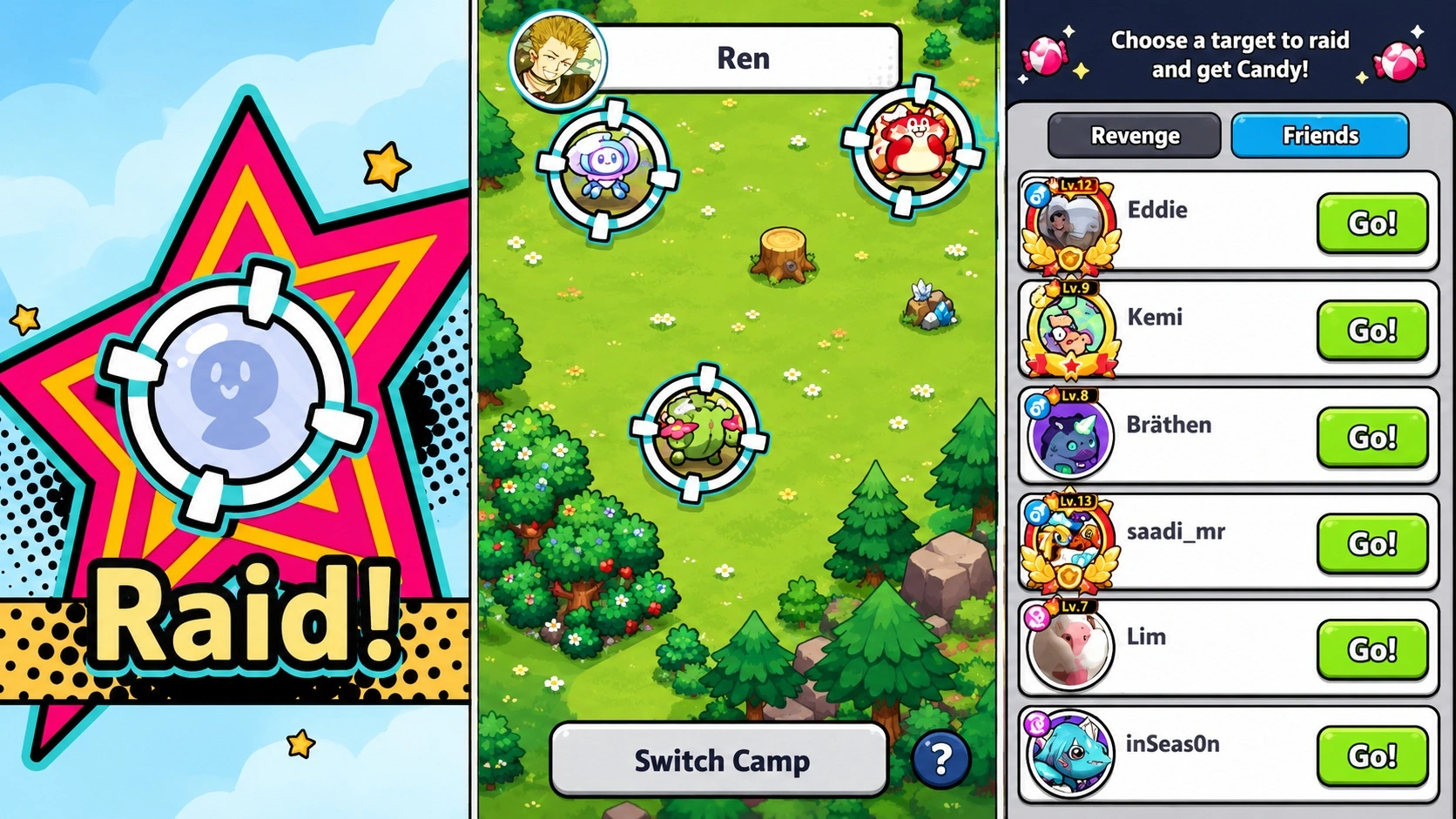 Экран рейда в Clash of Critters с выбором цели для получения конфет