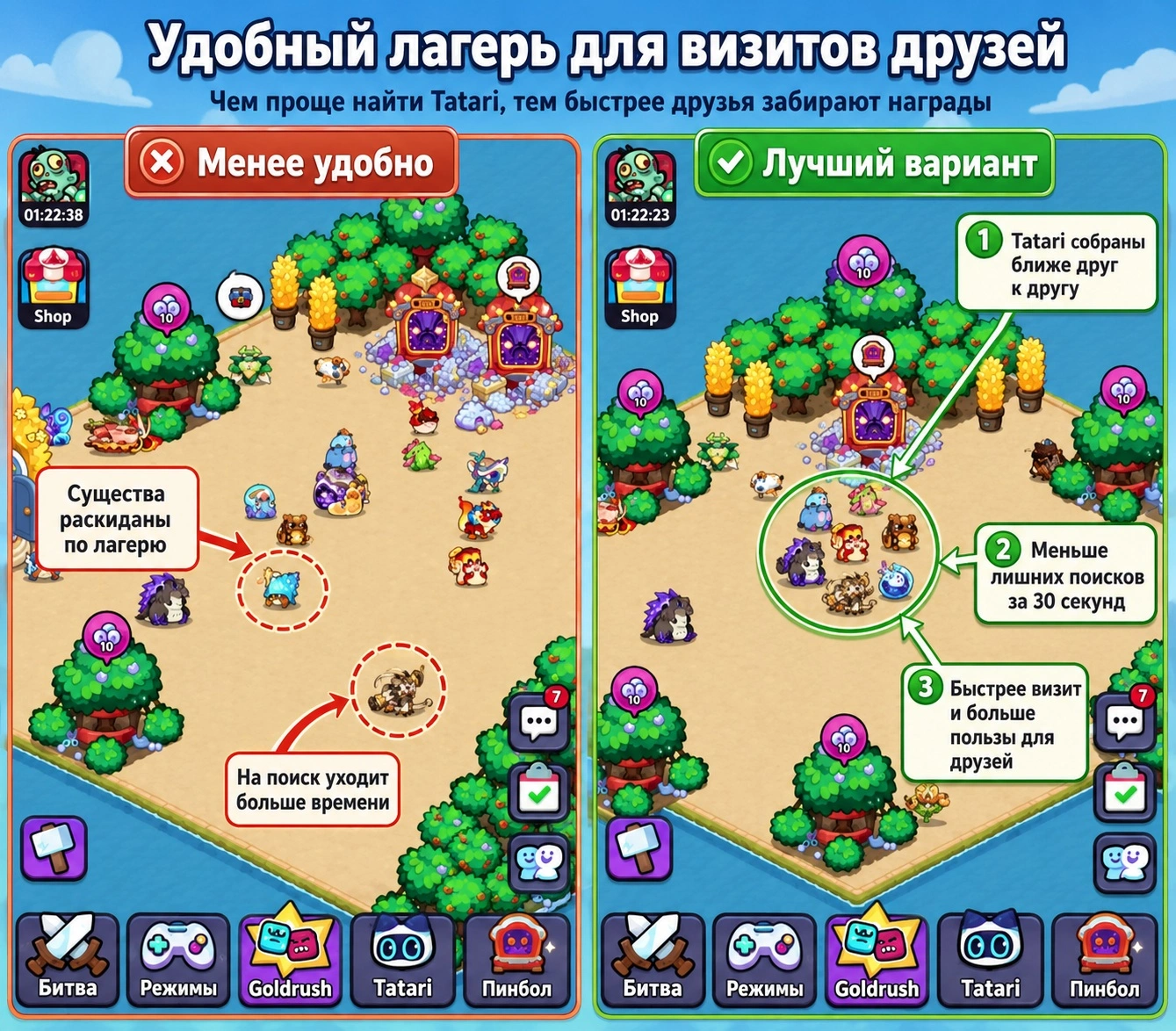 Лагерь Clash of Critters с Tatari, собранными в одном месте для удобных визитов друзей