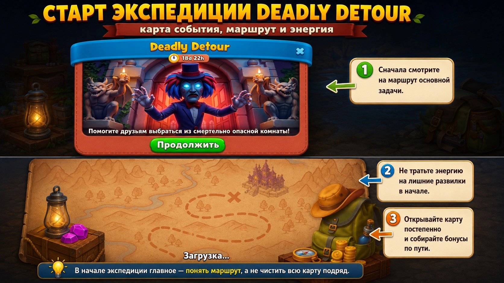Gardenscapes экспедиция Deadly Detour карта события с препятствиями и энергией