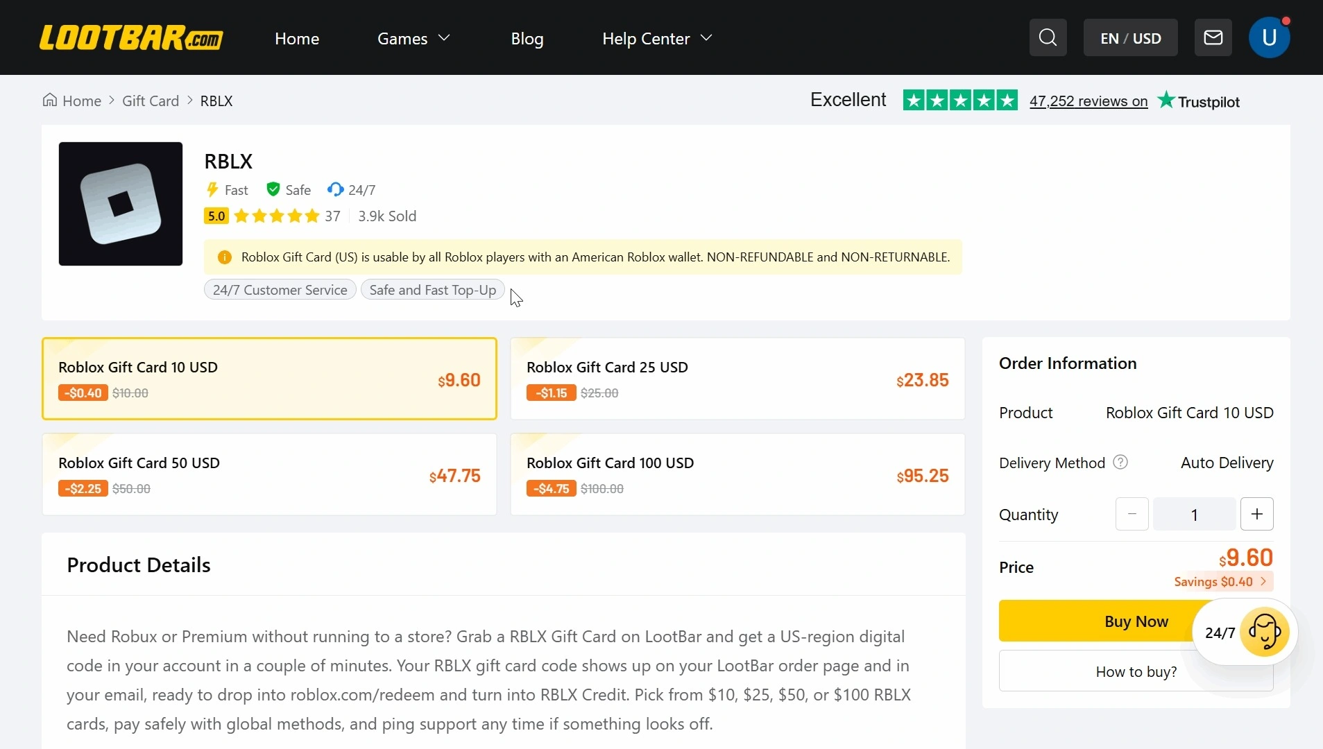 Purchasing a Roblox gift card on LootBar