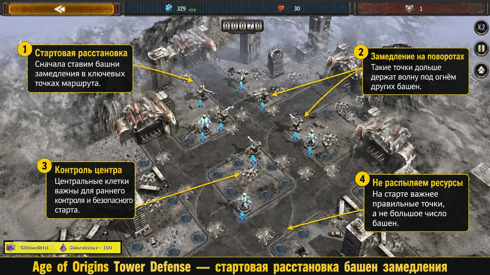 Age of Origins Tower Defense стартовая расстановка башен замедления
