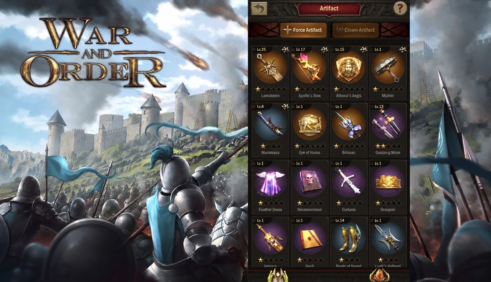 War and Order меню Алтаря с артефактами и фрагментами