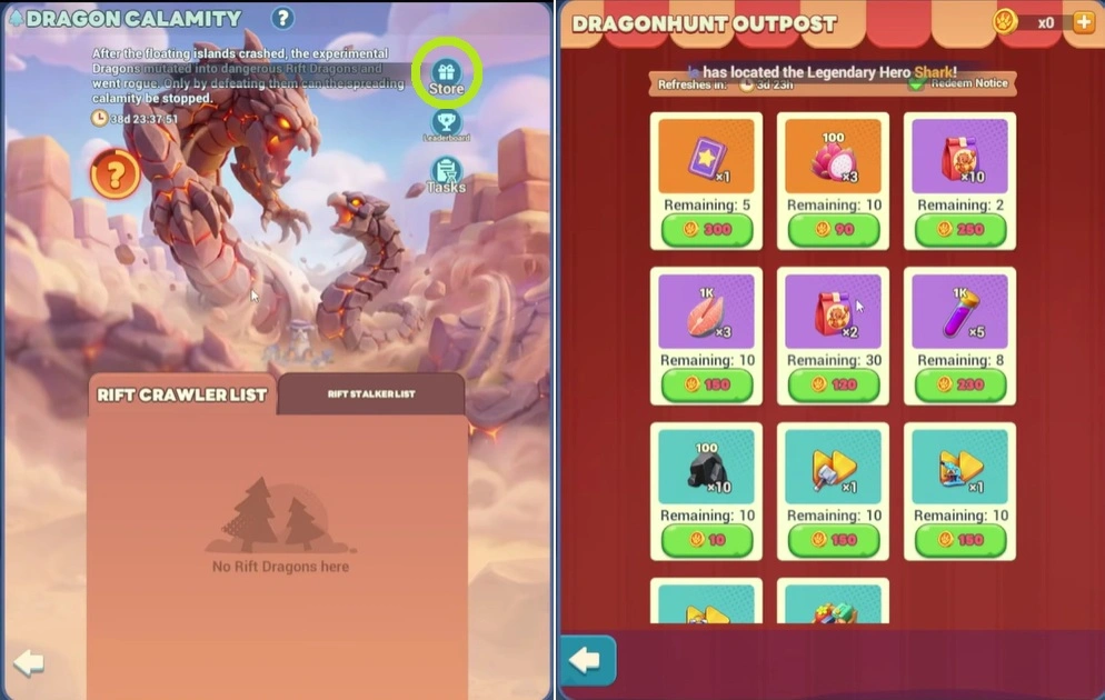 Сезонный магазин Tiles Survive S5 с кормом дракона и углём