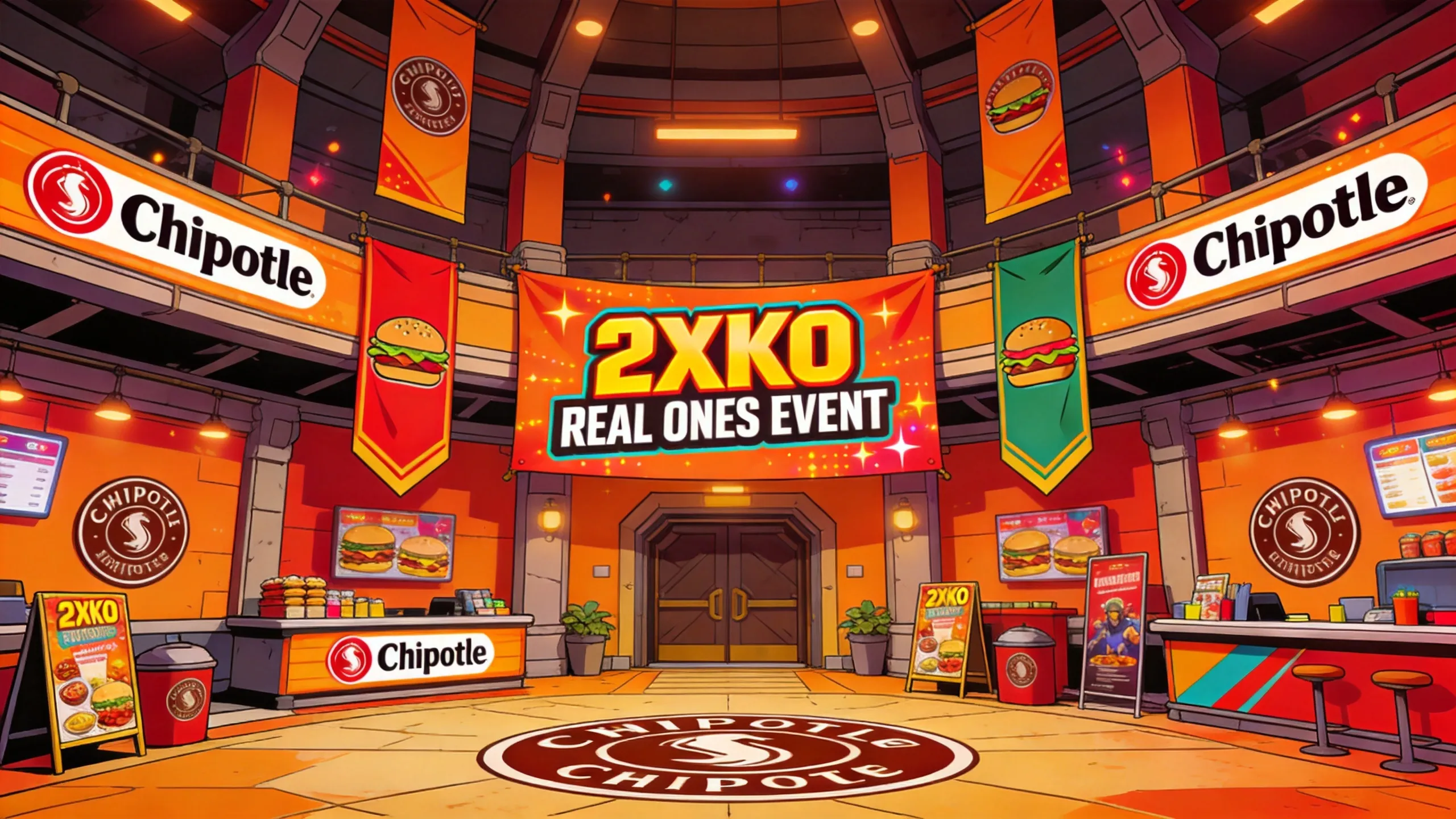 2XKO Real Ones Event lobby takeover with Chipotle branding