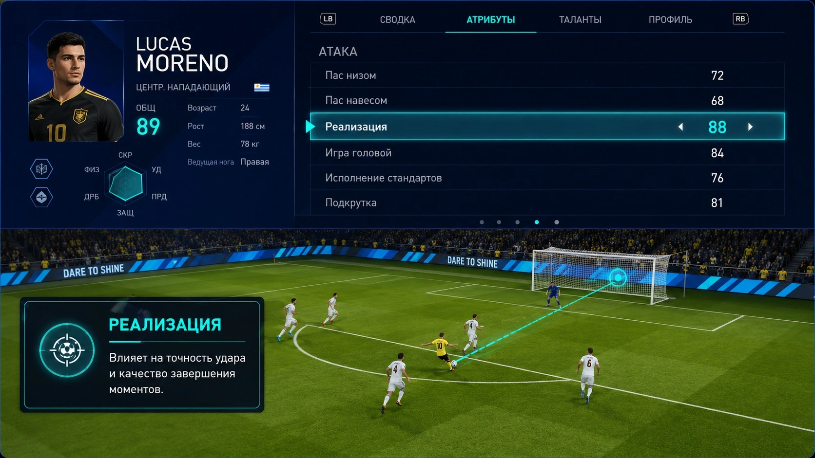 Реализация в eFootball и точность ударов нападающего