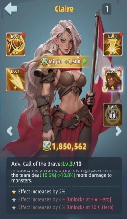 После перевода Клэр в UR первым нужно качать пассивный навык Advanced Call of Bravery