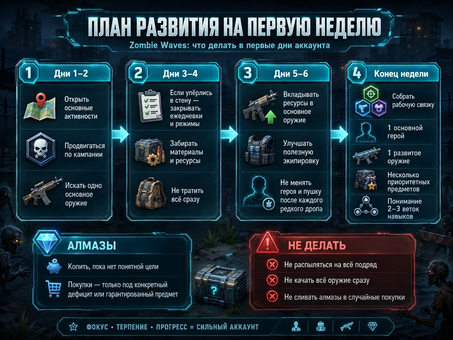 План развития на первую неделю в Zombie Waves