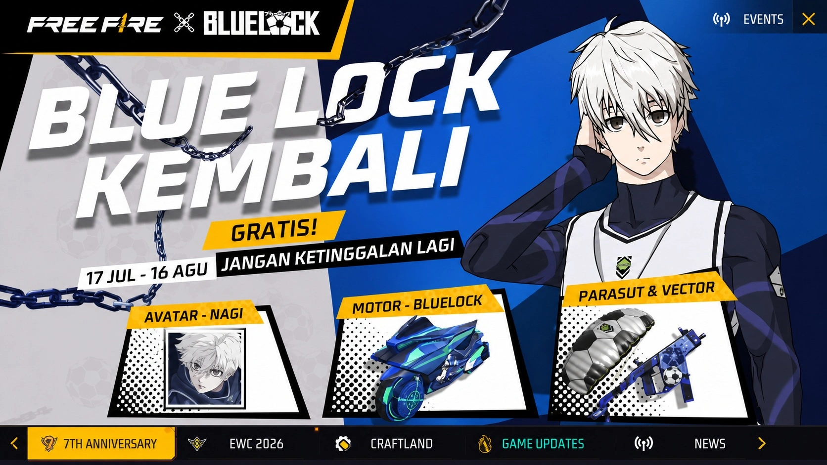 Бесплатные награды Free Fire x Blue Lock с мотоциклом, парашютом и скином Vector