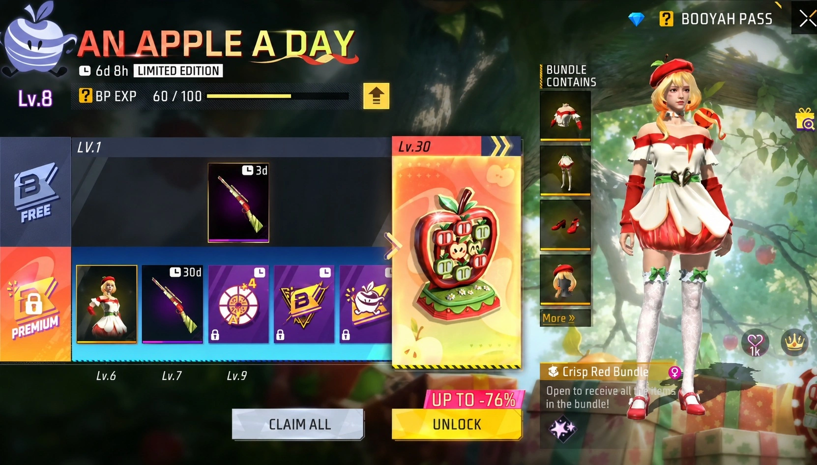 Женский комплект августовского пропуска Free Fire An Apple a Day
