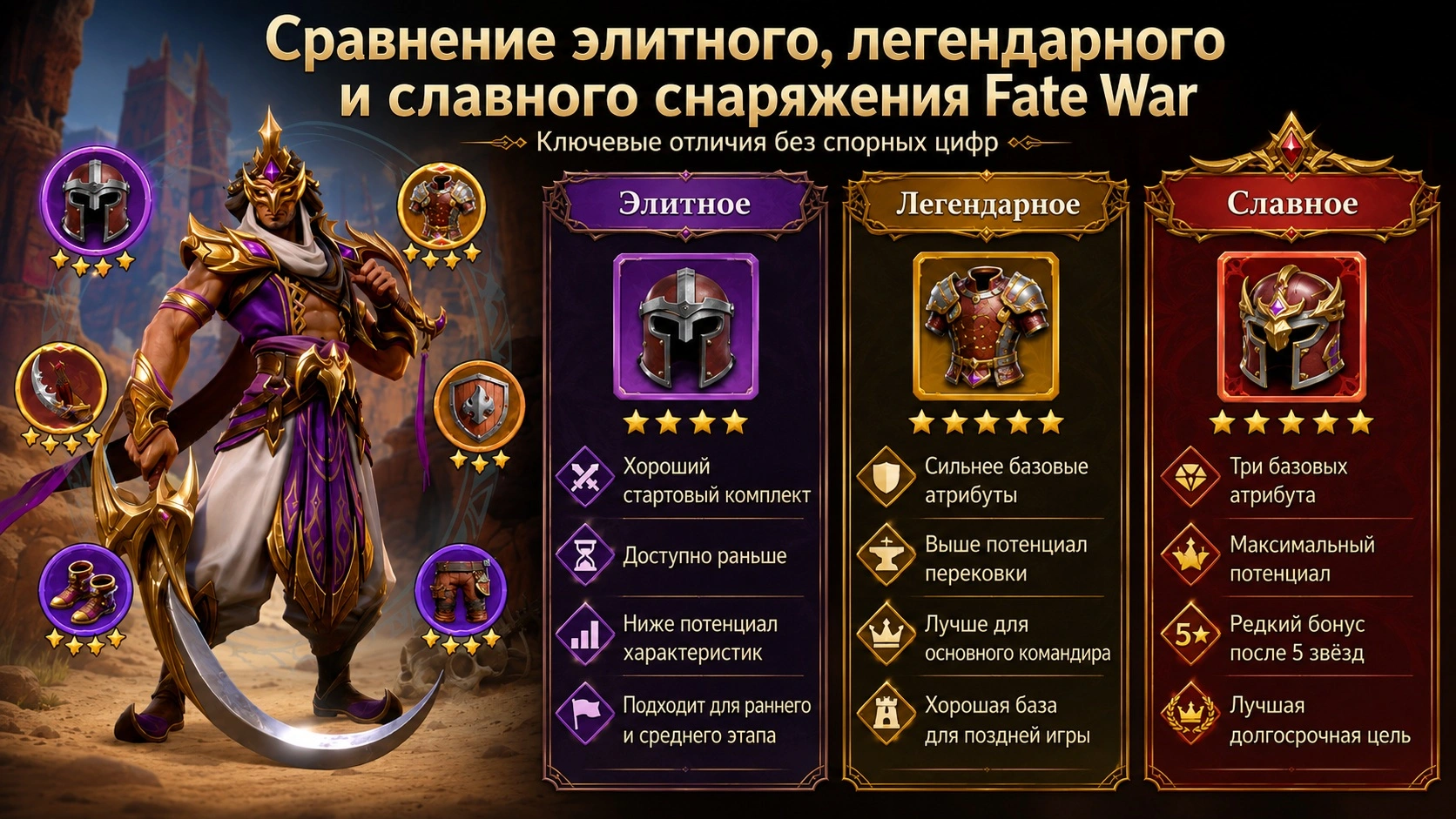 Сравнение элитного, легендарного и славного снаряжения Fate War