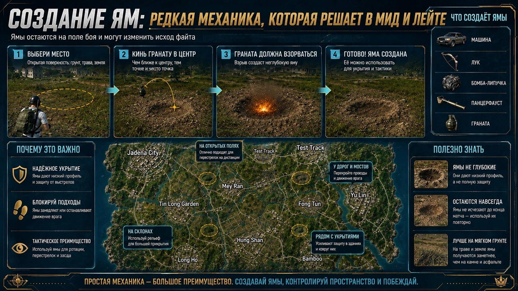Создание ям в PUBG Mobile на карте Rondo: тактическая схема с гранатой, машиной, луком, бомбой-липучкой и панцерфаустом для укрытия в мид и лейт-зонах