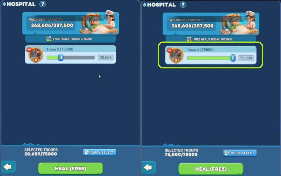 Бесплатное лечение в госпитале Tiles Survive 2.6.0: увеличенная вместимость помогает быстрее восстановить раненые войска после боёв
