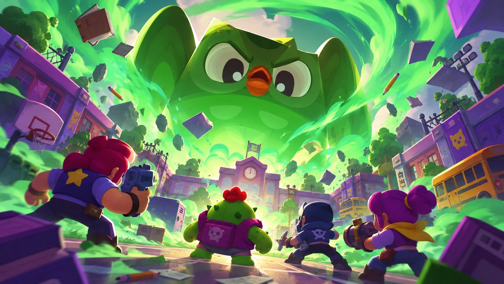 Коллаборация Brawl Stars и Duolingo с Мега-боссом Дуо и бойцами