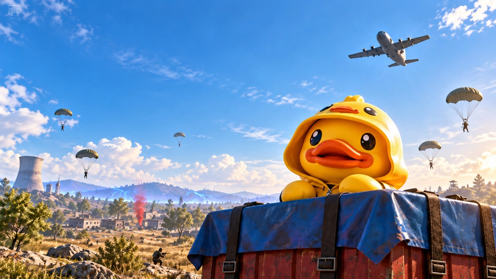 Коллаборация PUBG Mobile и B.Duck с большим жёлтым утёнком, парашютами и ярким городским фоном