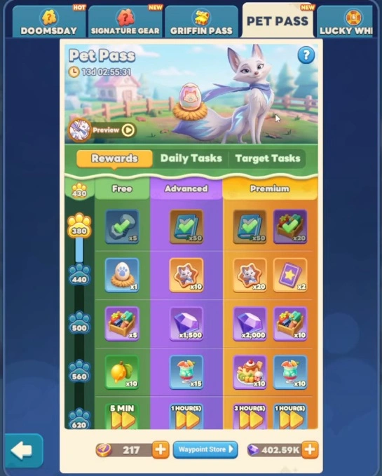 Получение Хоппера через пропуск питомцев Tiles Survive